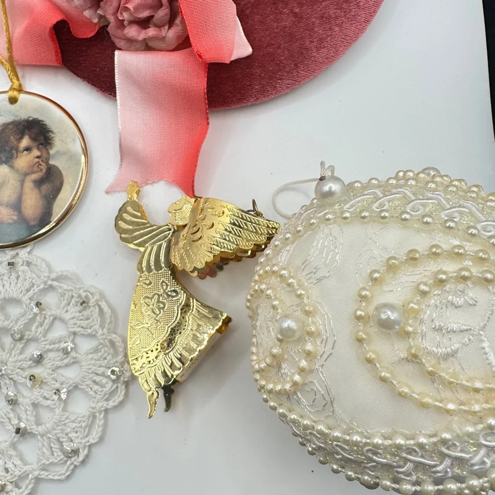 VTG 90s Victorian Christmas Ornament Set Cherub Angel Velvet Hat Pearl 7pc Lot